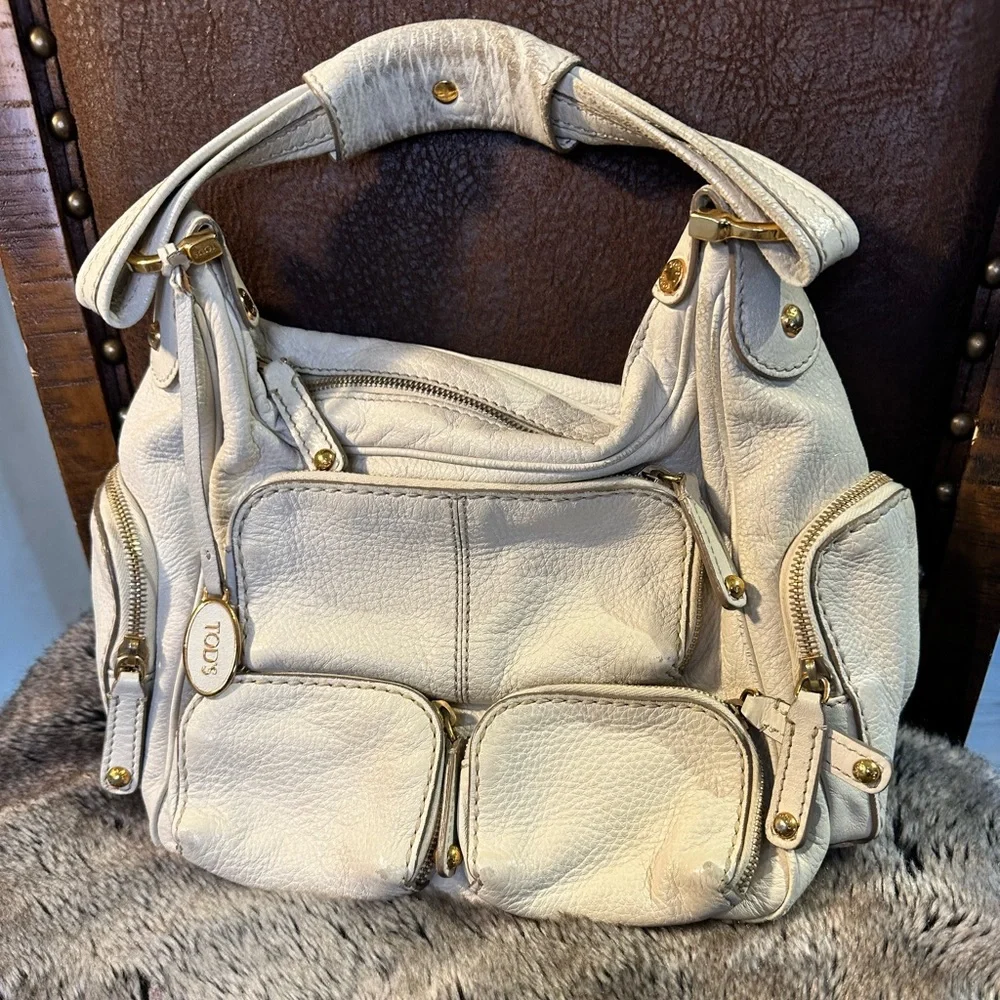 TOD’S Authentic Leather Cream/White Zippered Pockets Designer Satchel Bag